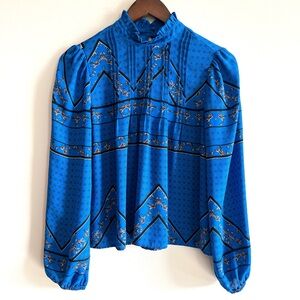 Maison d'Amelie High Neck Blouse Women's XS Blue Poly Floral Long Sleeve Top